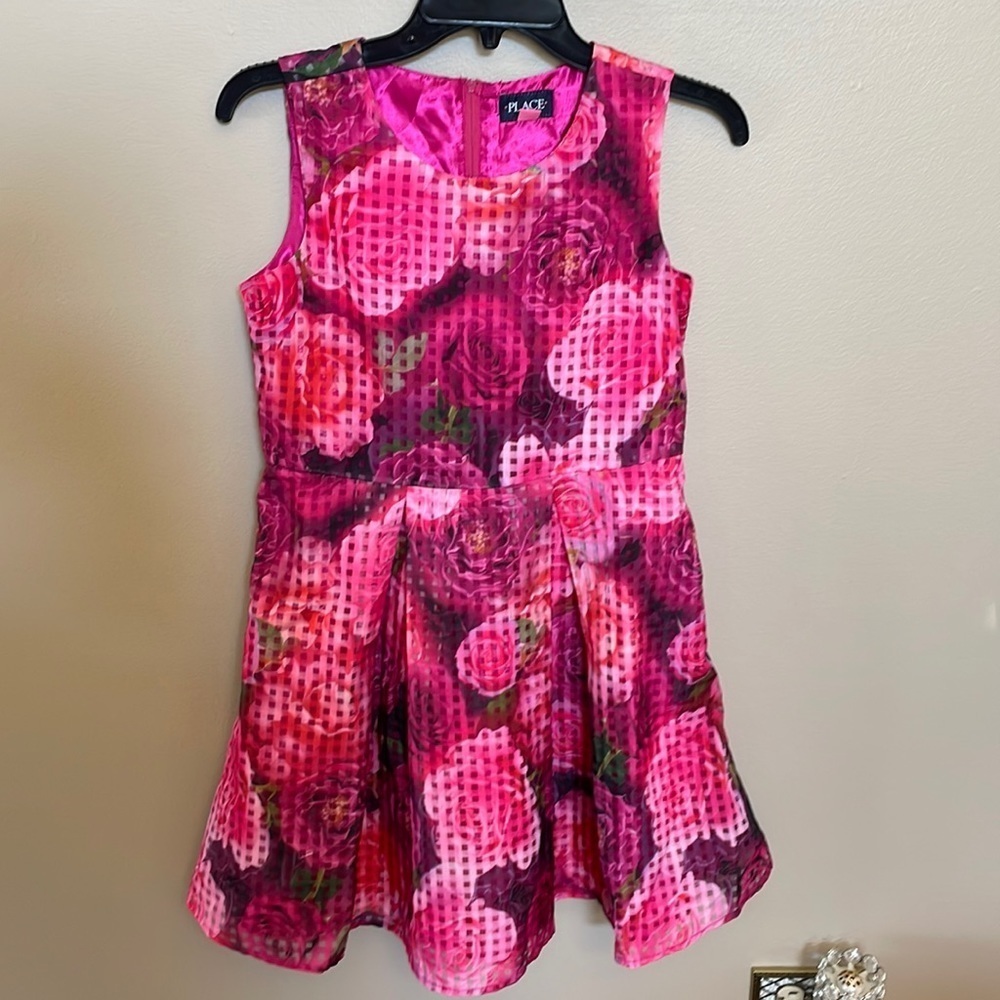 Girls floral pink floral dress semi sheer overlay waisted pleated zippered 14